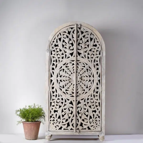 Hand Carved Whitewashed Dome Wardrobe