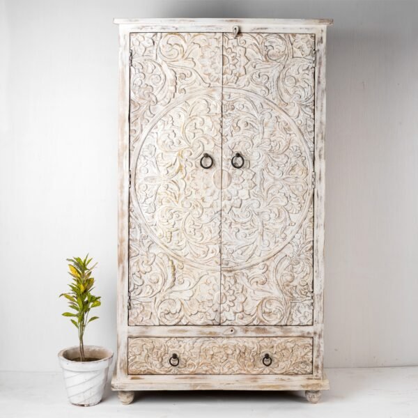 Hand Carved Whitewashed Wardrobe With Drawer