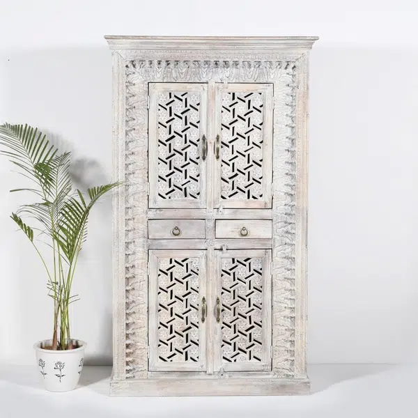 Hand Carved White 2 Drawer Wardrobe