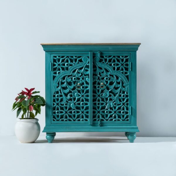 Hand Carved Teal 2 Door Sideboard
