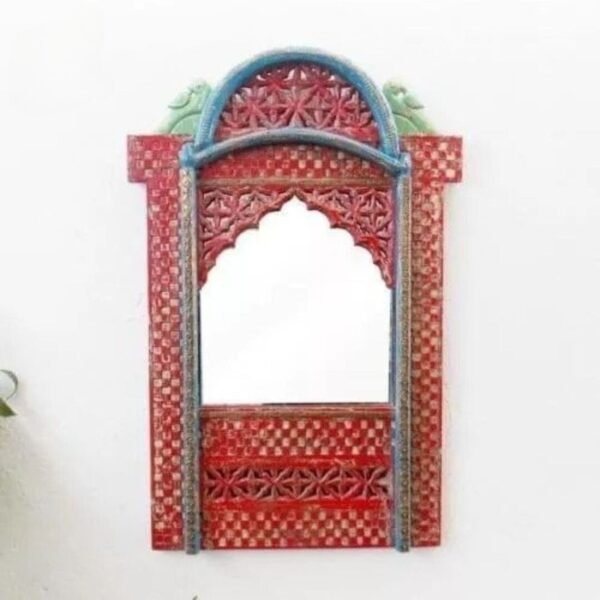 Hand Carved Red Mehrab Jharokha Mirror Frame