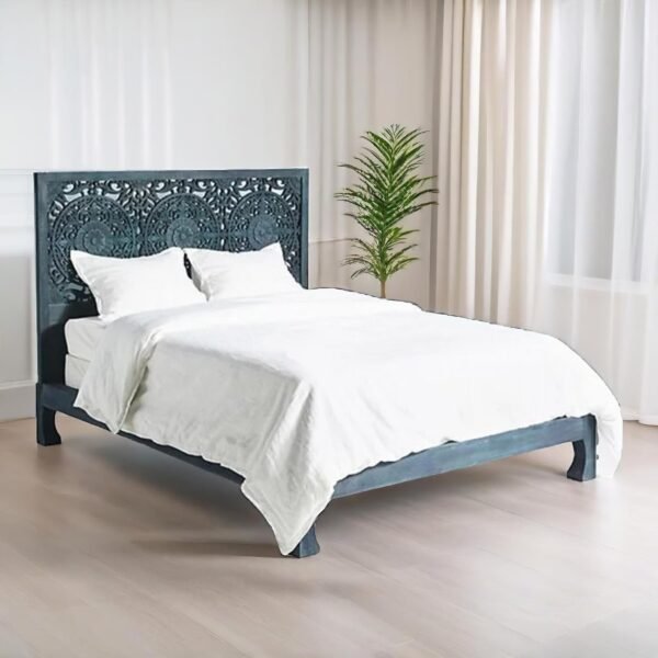 Oxford Solid Wood Platform Bed With Hand Carved Headboard Black Finish