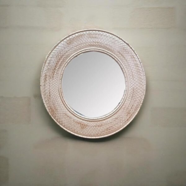 Hand Carved White Round Mirror Frame