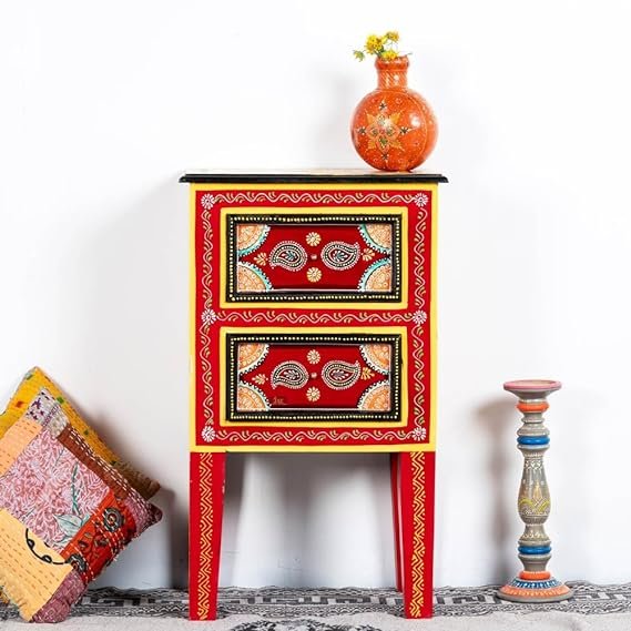 Hand Painted Indian Style Bedside Table Red