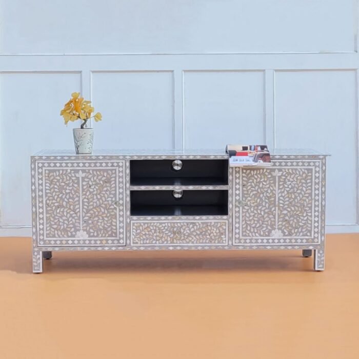 Bone Inlay Floral Pattern TV Unit
