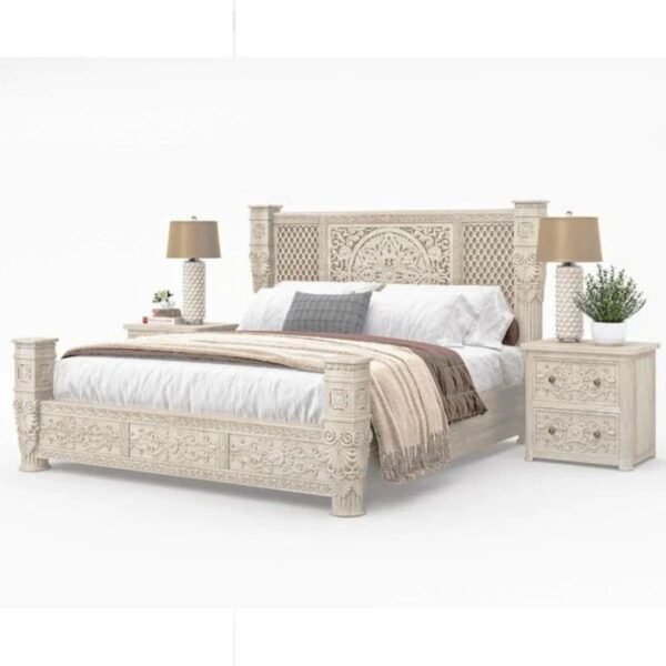 Hand Carved Solid Wood White Dynasty Bed