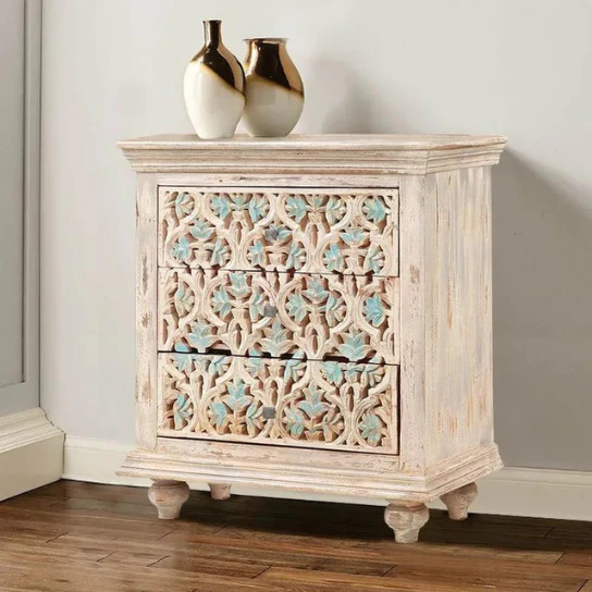 Hand Carved Floral Chest Of Drawers In Natural Finish