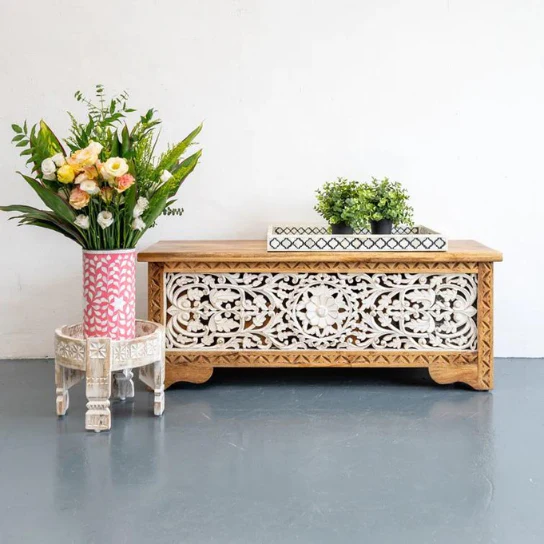 Hand Carved White Floral Blanket Box Coffee Table