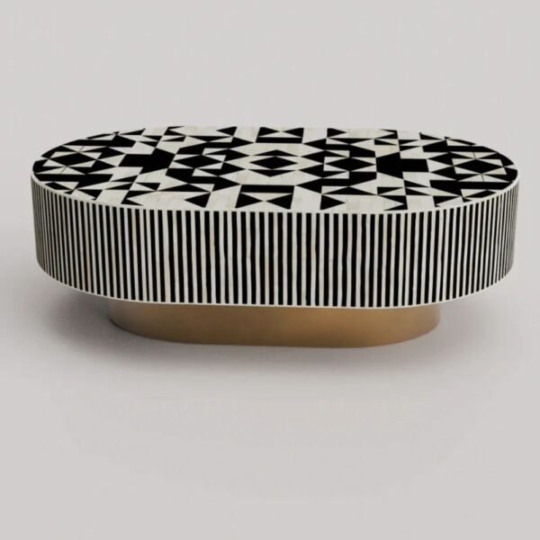 Bone Inlay Striped Pattern Black Oval Coffee Table