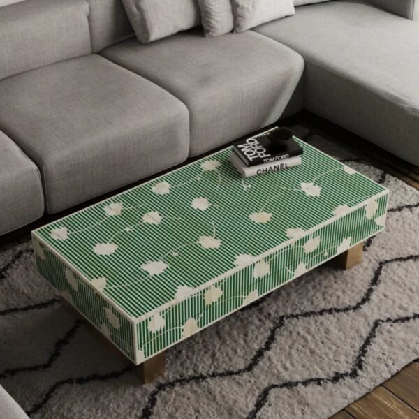 Bone Inlay Green Color Floral Rectangular Coffee Table
