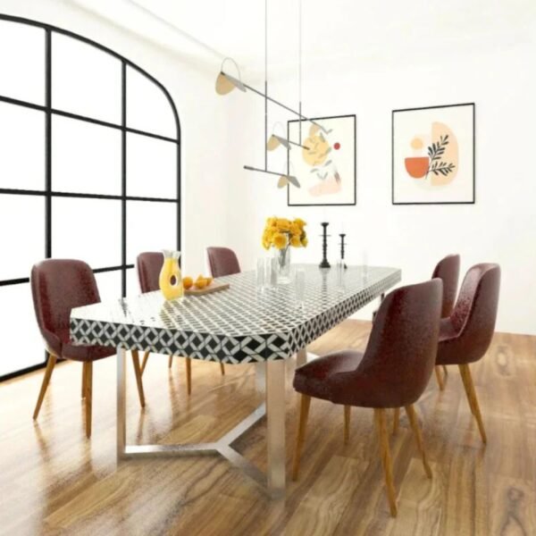 Bone Inlay Handmade Black And White Dining Table With Brass Legs