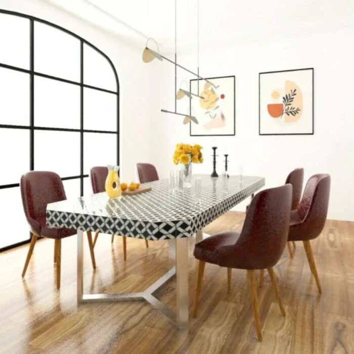 Bone Inlay Handmade Black And White Dining Table With Brass Legs