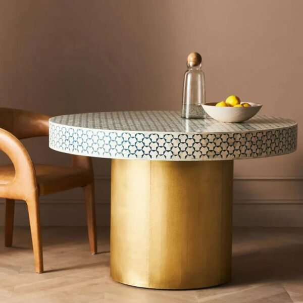 Bone Inlay Handmade Round Dining Table In Blue Pattern