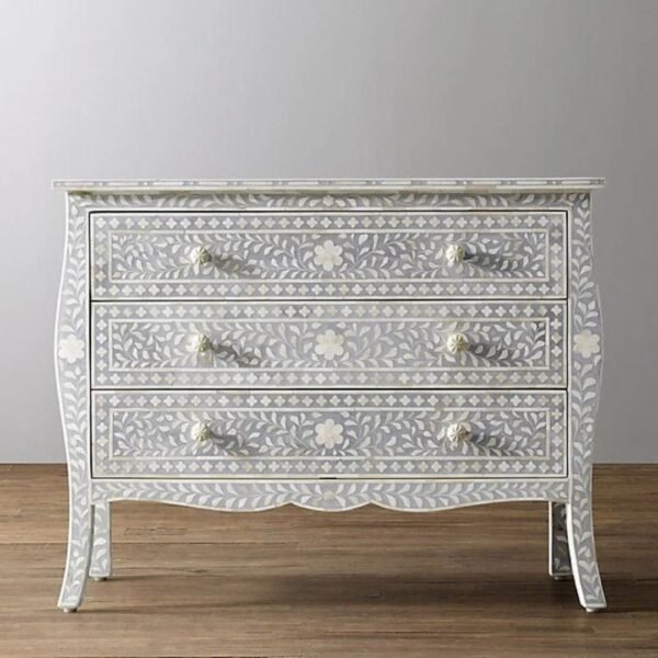 Bone Inlay French Style Floral Chest Of Three Drawers