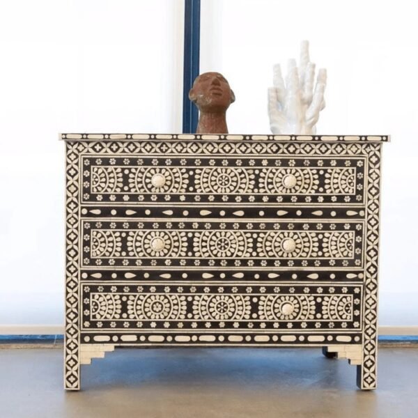 Bone Inlay Floral Black Chest Of Three Drawers