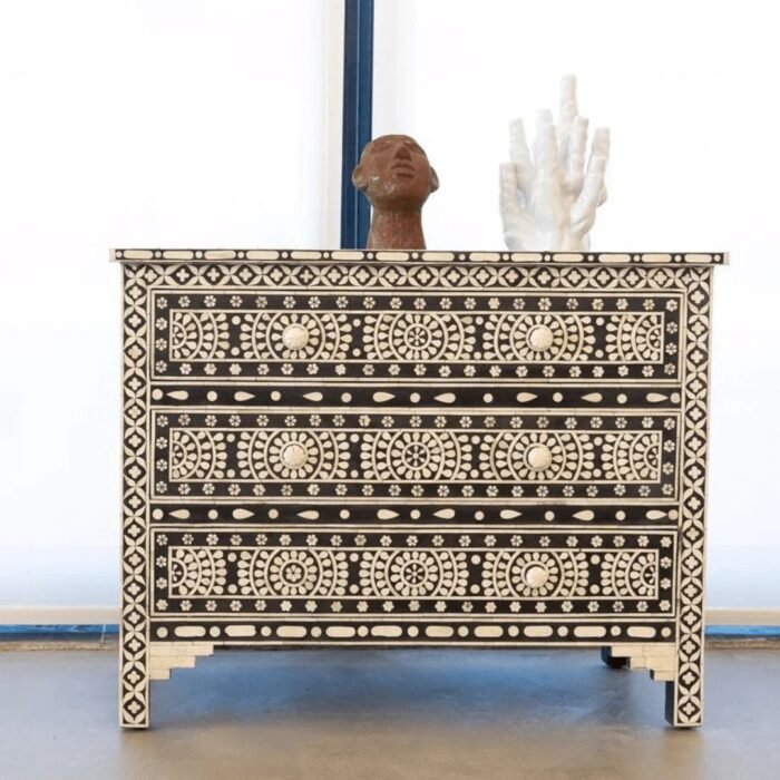 Bone Inlay Floral Black Chest Of Three Drawers