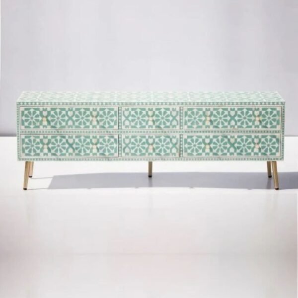 Bone Inlay Moroccan Six Drawer Dresser In Green | Wooden Chest Of Drawer