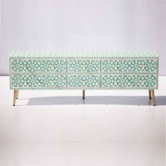 Bone Inlay Moroccan Six Drawer Dresser In Green | Wooden Chest Of Drawer