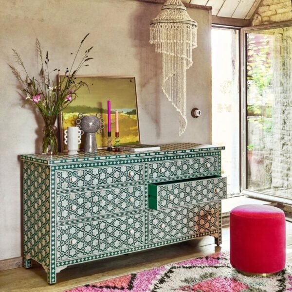 Bone Inlay Floral Green Chest Of Six Drawers | Handmade Wooden Dresser