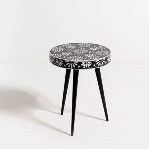 Bone Inlay Black Floral Motifs End Table | Wooden Corner Table
