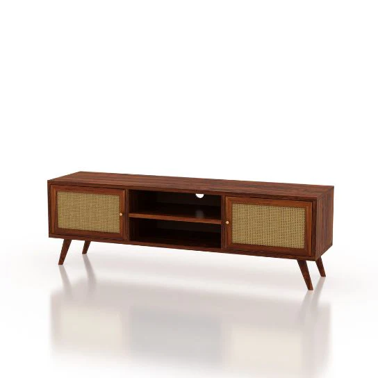 Rattan Solid Wood Honey Finish TV Unit